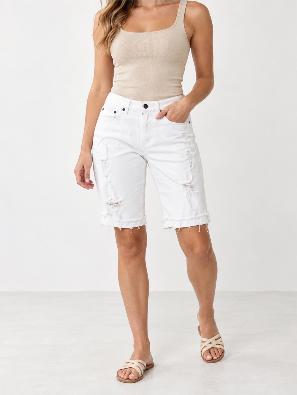 Hollister White Distressed Jean Shorts – Raw Hem Bermuda Style – Size‎ 28